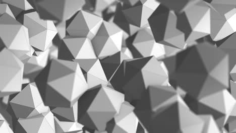 Background-animation-of-white-abstract-geometric-shapes-floating-in-the-air,-shapes-of-same-convex-polyhedron,-digital-abstract-concept