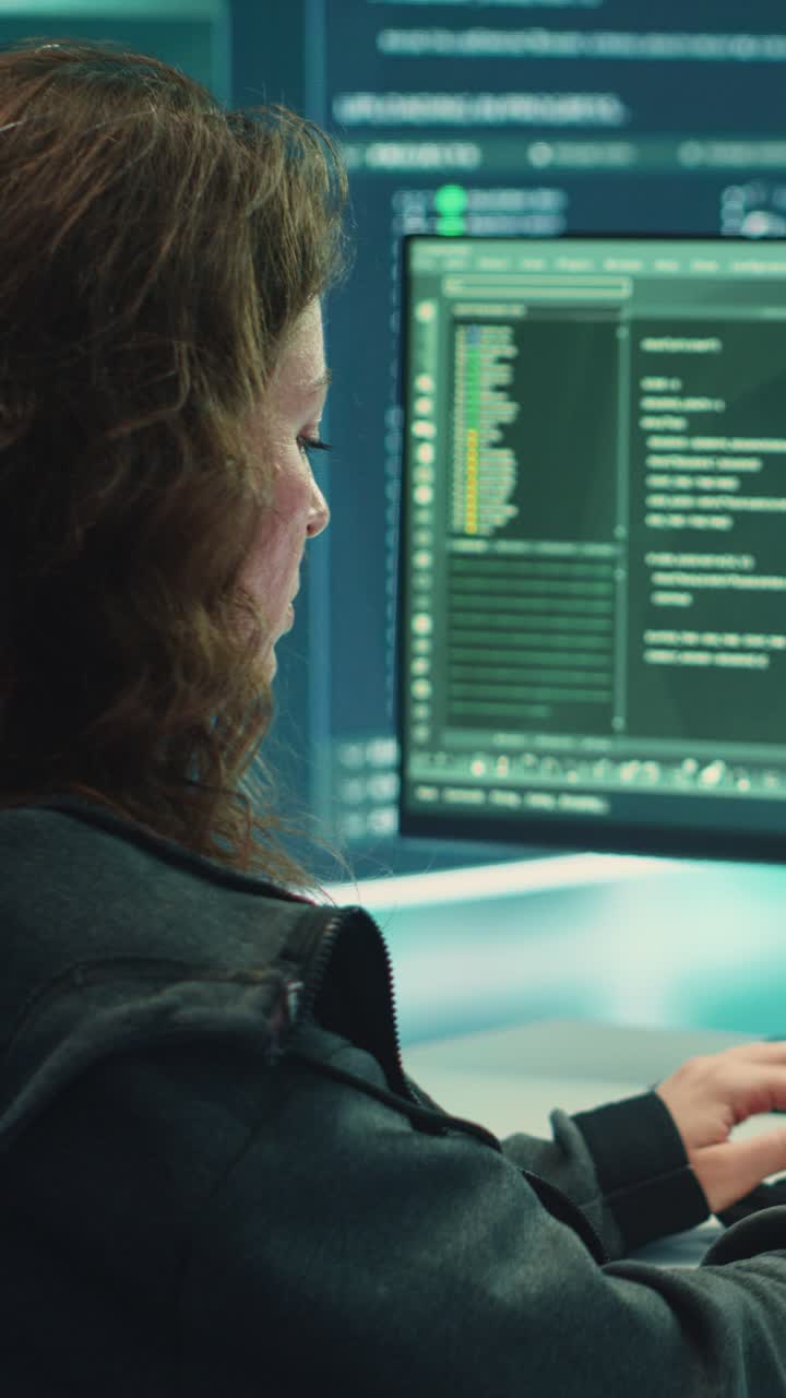 Woman Typing Code on Computer Screen in a Tech Office
