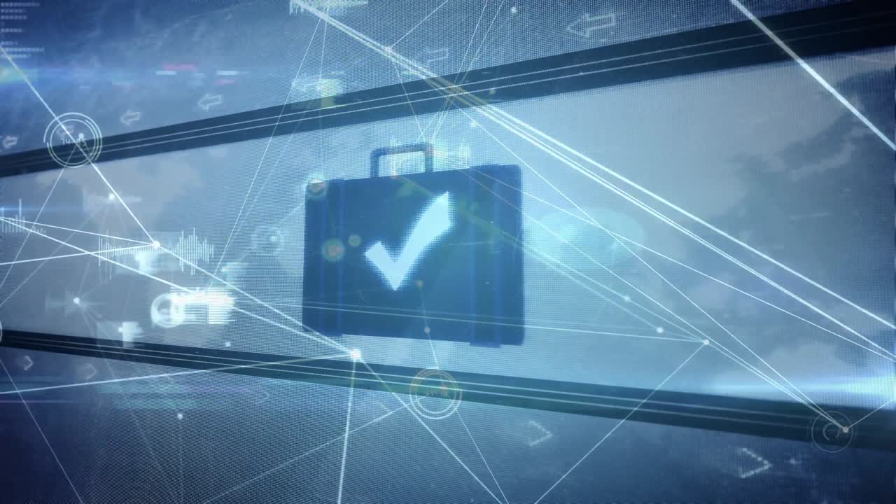 Animation of global network of connections with world map in background and icone like airplane and