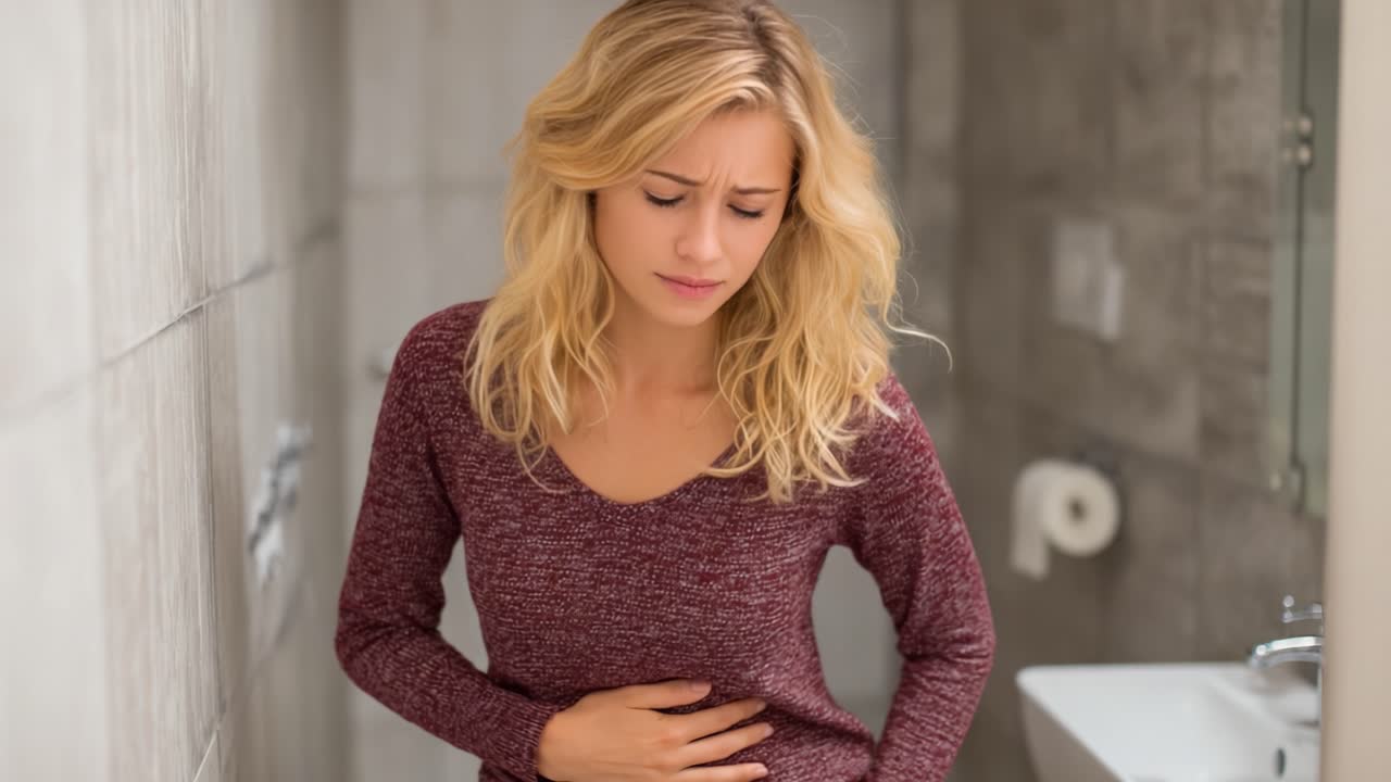 Una Donna in Difficoltà: Che Prova Dolore Addominale in un Ambiente Bagno, Lottando con il Disagio e Cercando Sollievo nella Vita di Tutti i Giorni