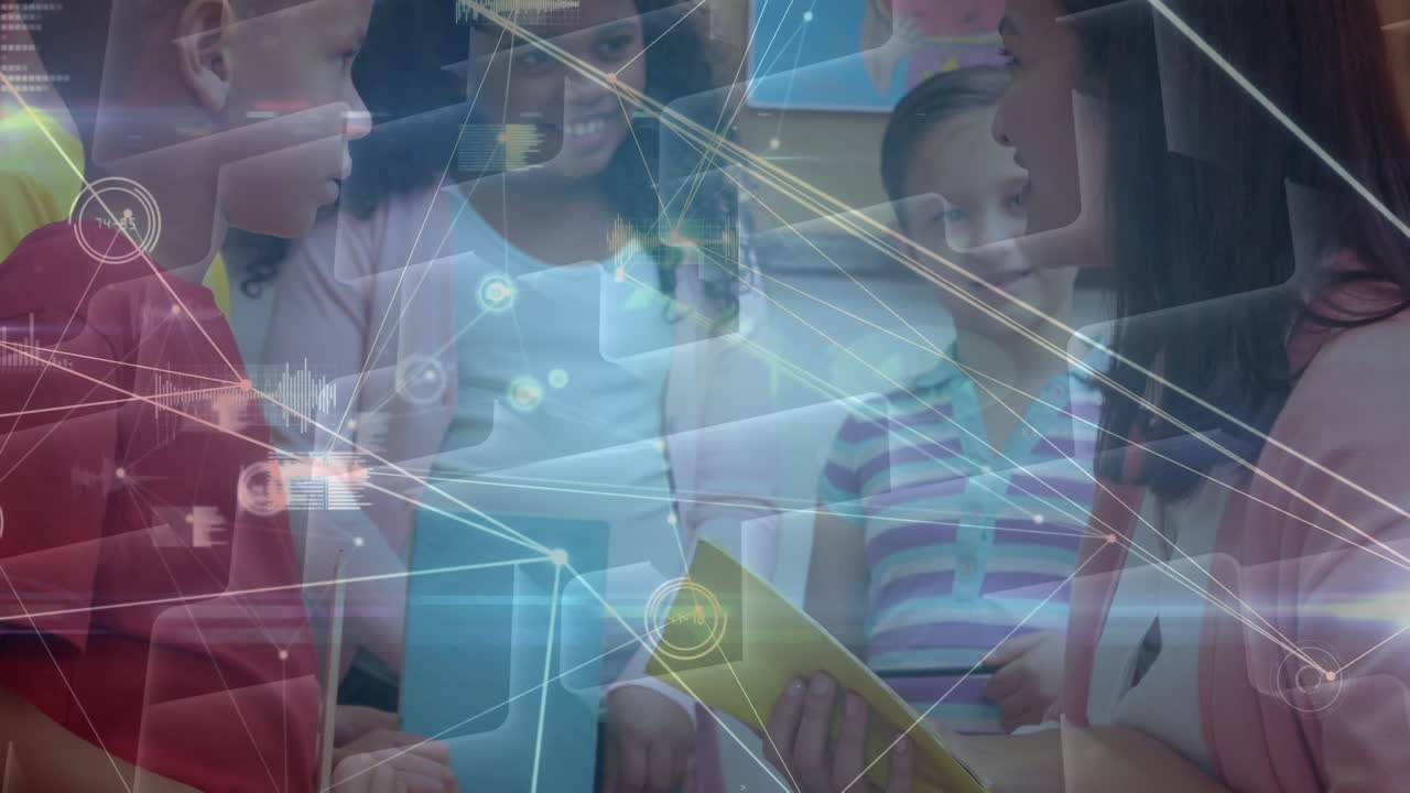 노트북을 가진 다양한 학교 아이들 간의 연결 네트워크의 활성화