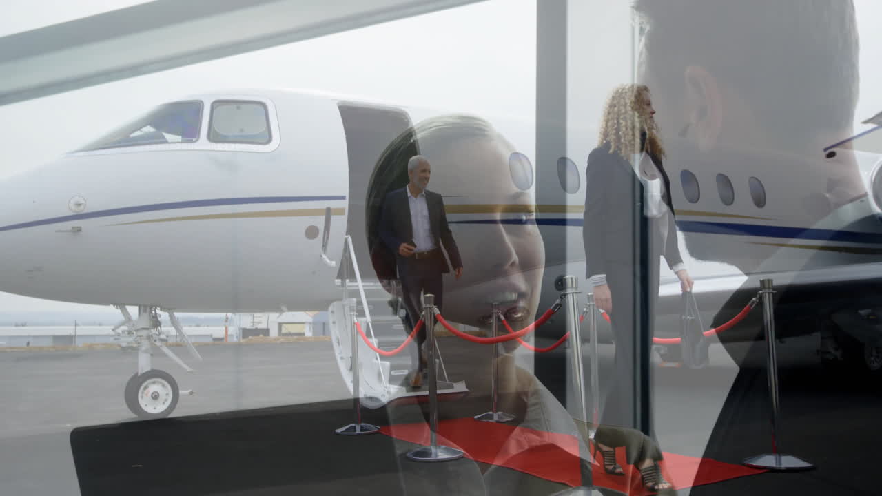 Exiting private jet on red carpet, business people with smiling woman animation