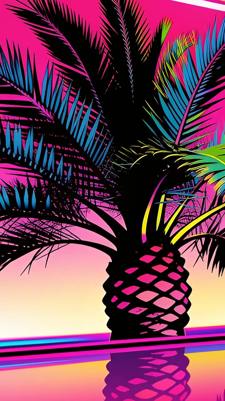 Video verticale: Telecamera panoramica che mostra un tronco d'ananas, fronde al neon che si muovono su un cielo al tramonto, in loop.