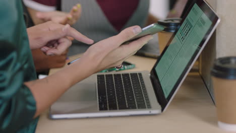 close up business people hands using digital tablet computer african american team leader woman sharing ideas training students in diverse office workplace