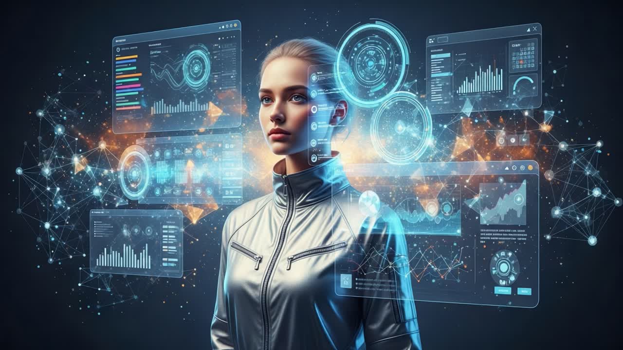 A Futuristic Interface: A Woman Surrounded by Interactive Data Visualizations and AI Technology, Representing the Convergence of Humanity and Digital Innovation
