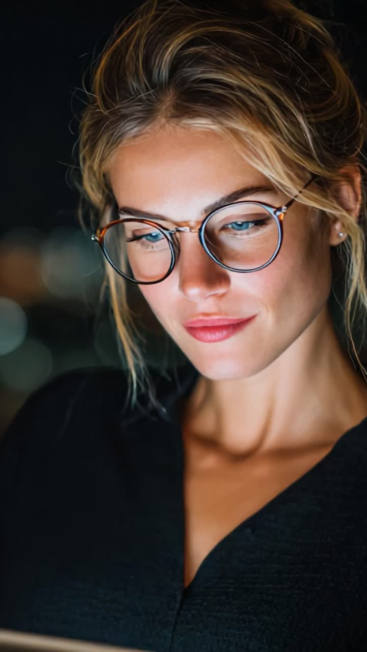 Captivated Focus: A Close-Up of a Thoughtful Young Woman in Glasses, Engrossed in a Digital Screen, Set Against a Softly Lit Night Background