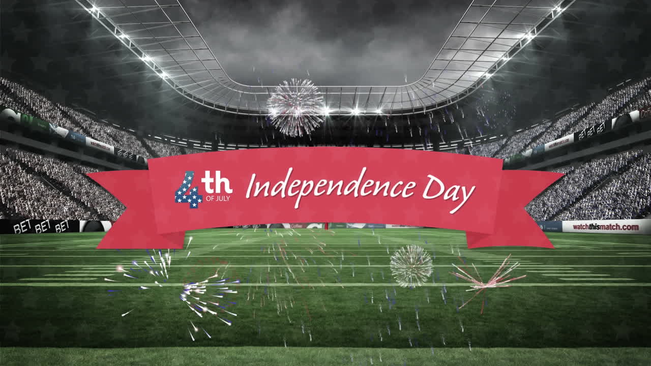 스포츠 경기장 위 에 있는 독립기념일 문자 의 애니메이션