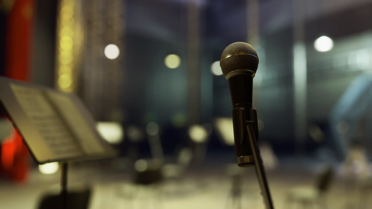 Microphone stands ready for performance in a modern concert hall