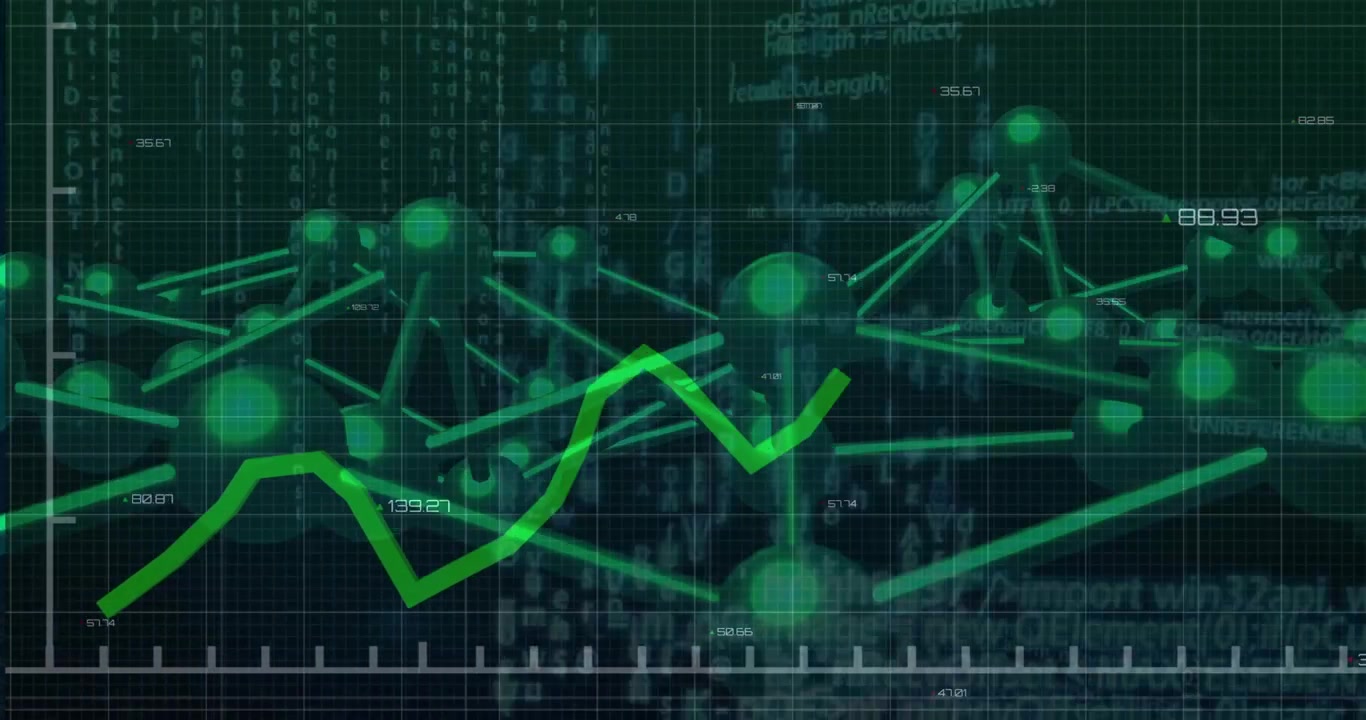 Neongrön linje och 3D-nodnät rör sig efter att en vänstermarkör dyker upp, växer, skiftar och visar data.