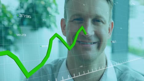 animation of statistical data processing against close up of caucasian man smiling at office