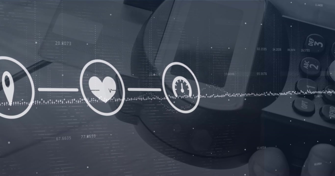 Image of connections with tech icons over diverse financial data and payment terminal