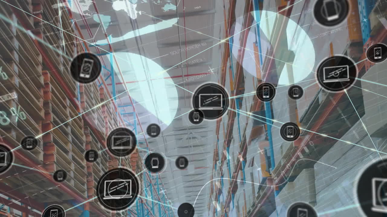 animación de la red de conexiones con iconos sobre el almacén