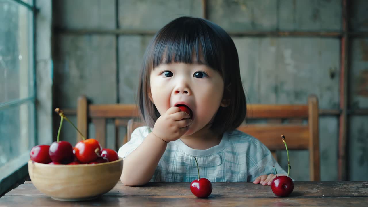Cute Asian Toddler Eating Cherries