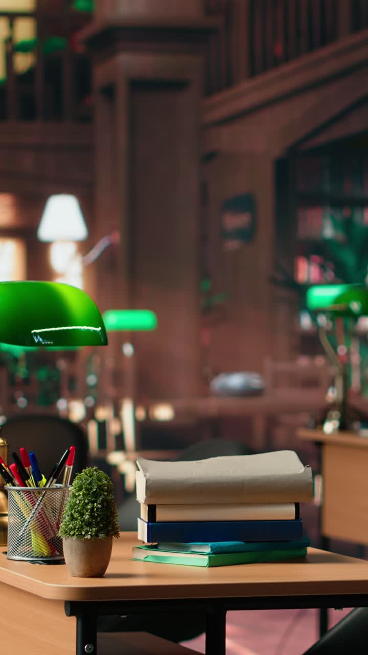 Stack of Books and Desk Lamp on a Table in a Library