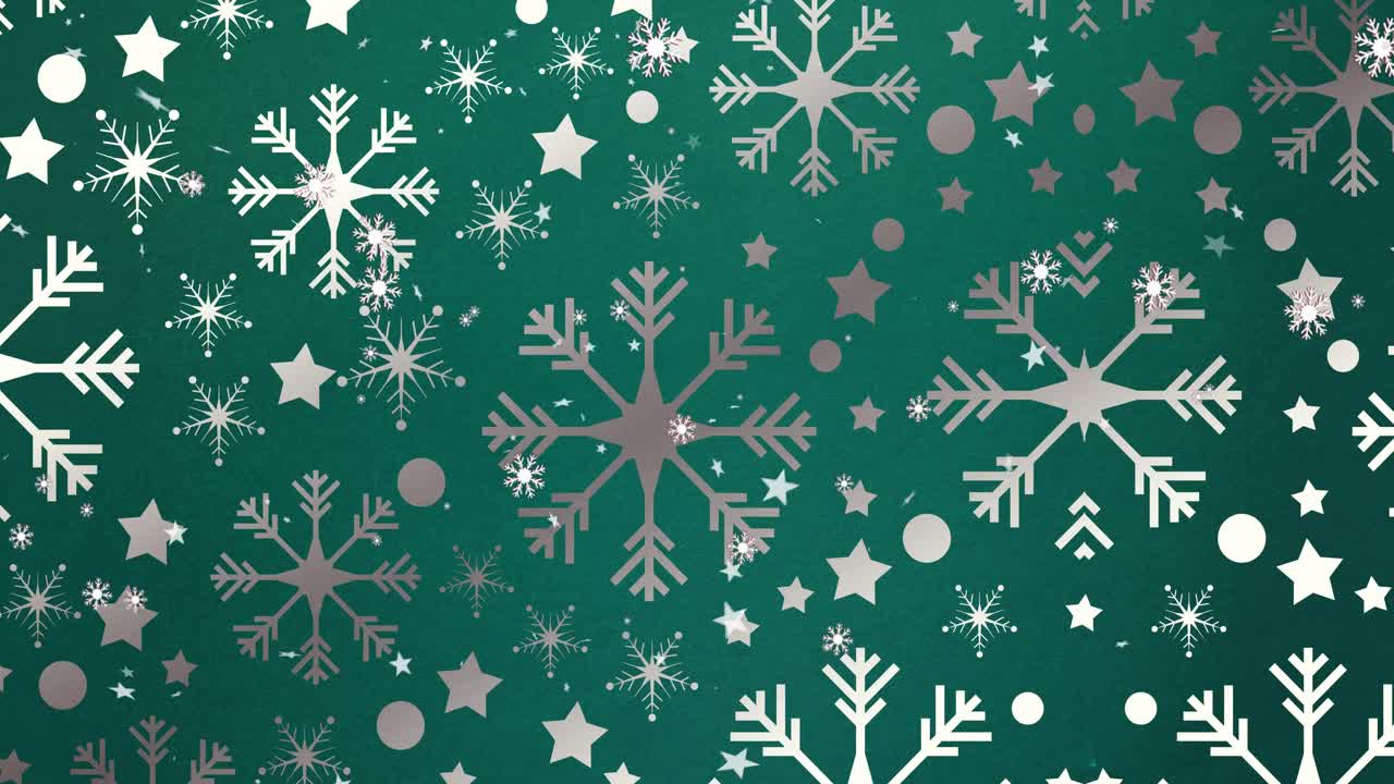 Animation of christmas snowflakes falling over green background