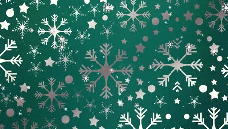 Animation-of-christmas-snowflakes-falling-over-green-background