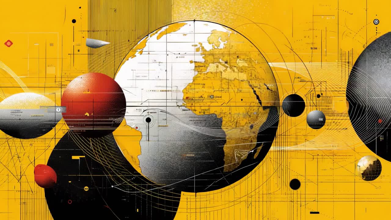 Animated abstract background featuring a rotating planet Earth with continents and grid lines. Infographic style with spheres and geometric elements representing global connection and data flow