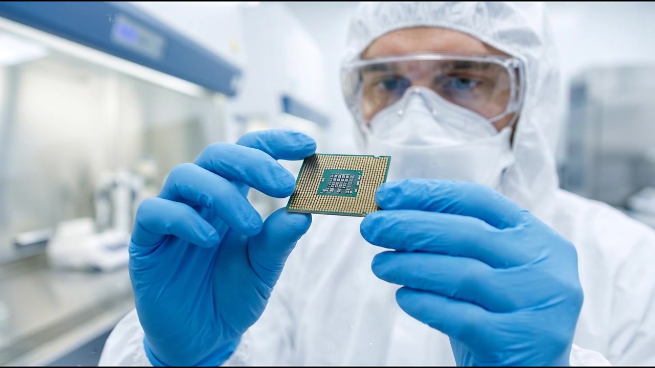 Scienziato in tuta protettiva da laboratorio che esamina un chip processore avanzato in una camera bianca.