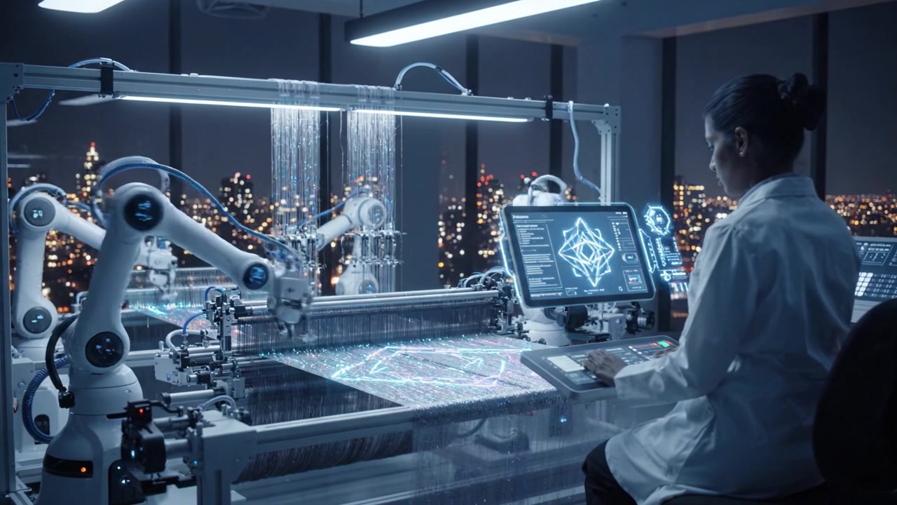 Advanced robotics in a high-tech laboratory showcase intricate automation processes operated by a skilled technician, highlighting the fusion of technology and innovation at night.