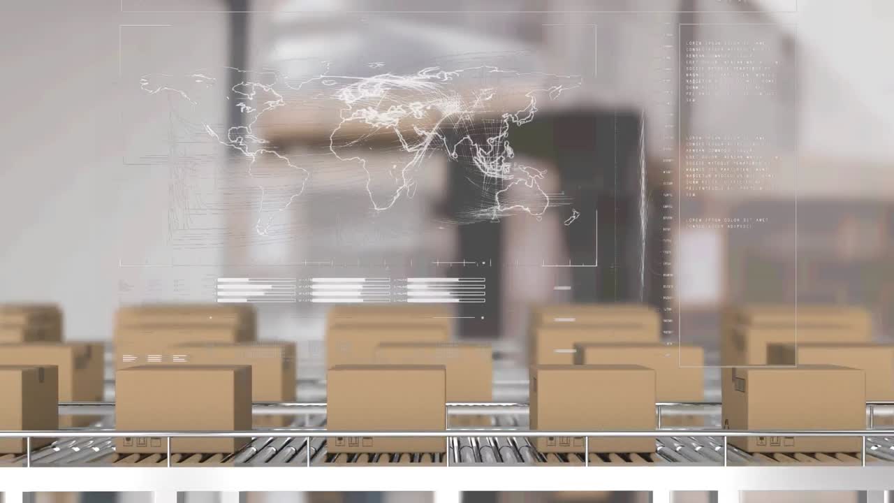 цифровой интерфейс с обработкой данных против нескольких коробк доставки на конвейерной ленте