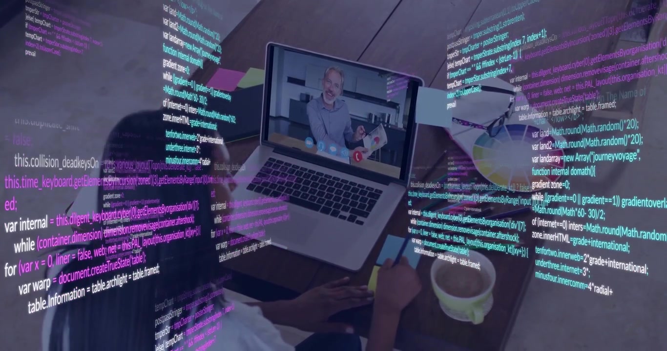 Seated woman tapping phone, using laptop, sending code overlays covering screen for tech meeting