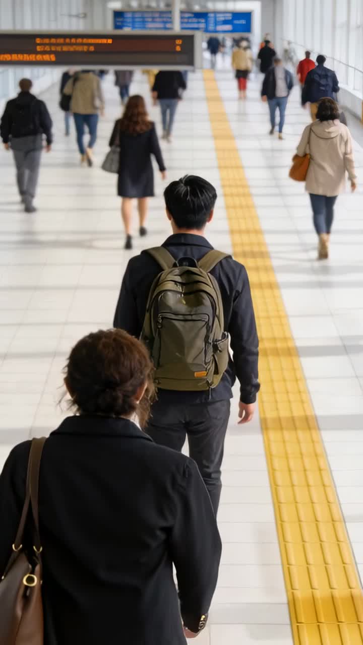 駅で、暗いジャケットを着てオリーブ色のバックパックを背負った男性が、人ごみに続いて点字ブロックの上を歩いている。