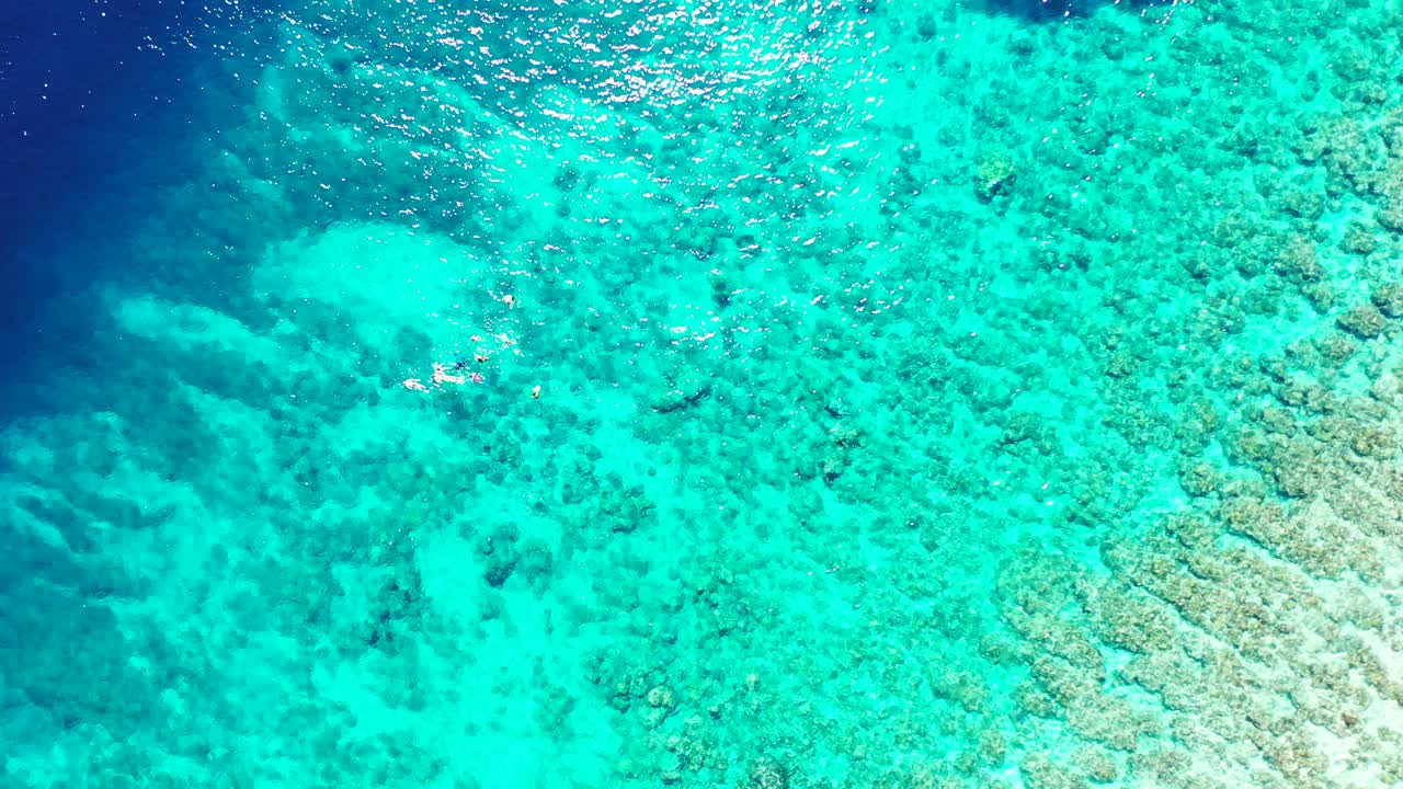 People swim and snorkel on clear water of azure lagoon with beautiful seabed full of corals and rocks where fish lives in Caribbean
