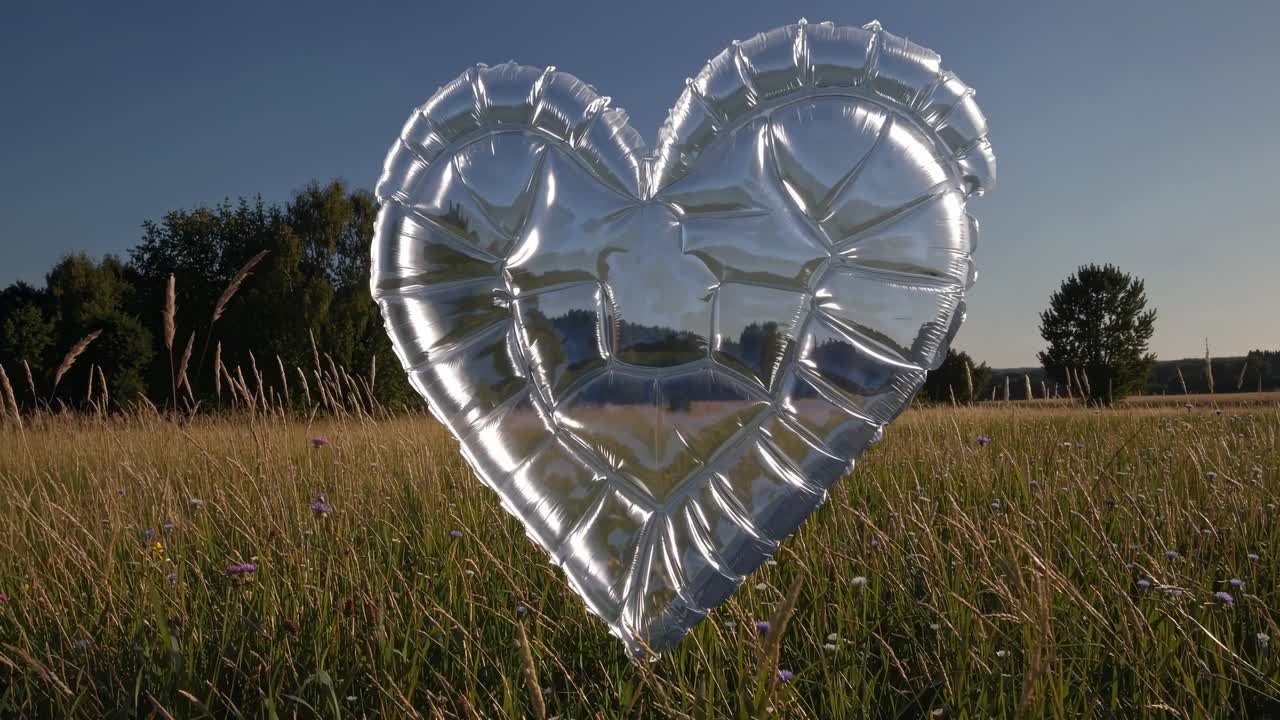 Inflatable transparent heart shaped balloon floating over a wildflower field reflecting the surrounding nature under a clear blue sky, creating a poetic and romantic atmosphere