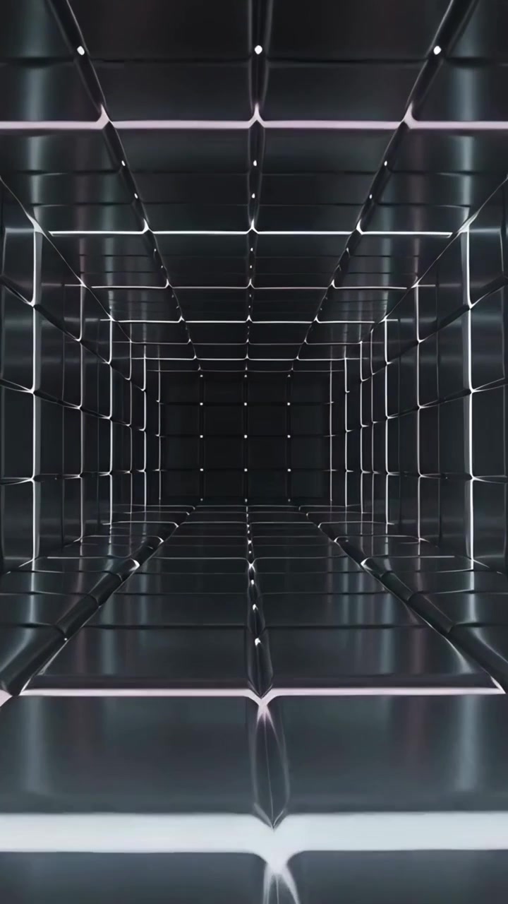 Vertical video: Camera gliding into metal cubic tunnel, revealing pulsing seams and point lights