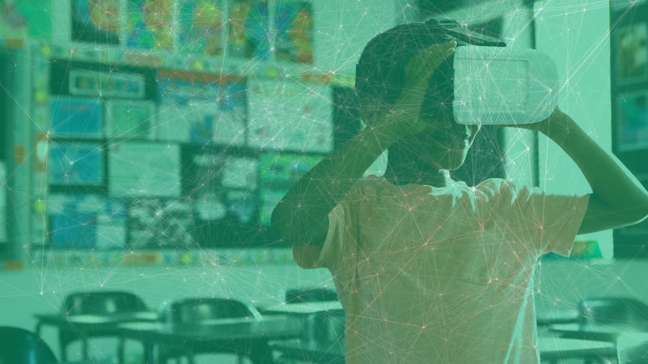 Male student raising VR headset and adjusting side strap in school while exploring learning scene