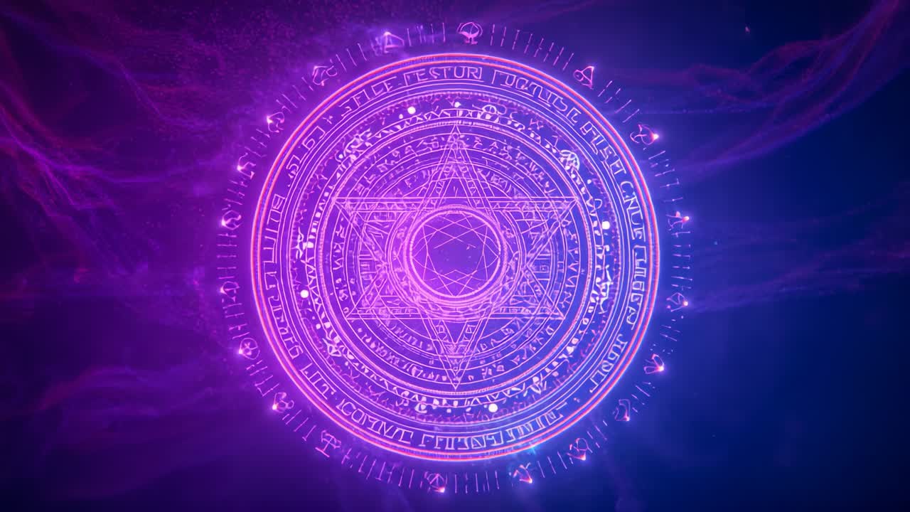 Blue-purple gradient shifting, initiating mystical sigil forming in void, with pulsing orbs