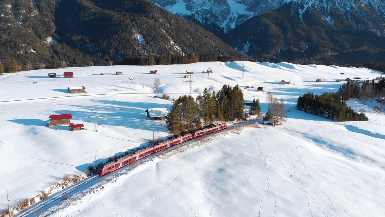 Aerial: train near Mittenwald with the Karwendel mountains