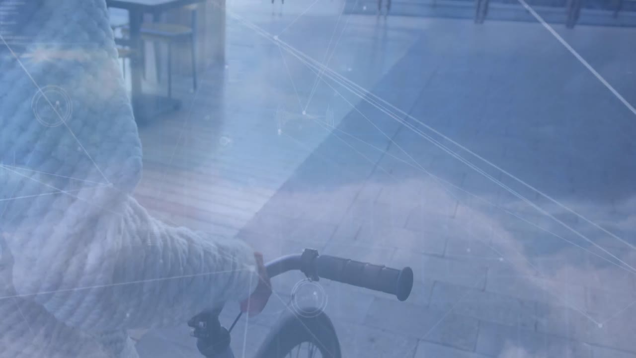 연결 네트워크와 구름이 있는 하늘의 애니메이션 아프리카계 미국인 남자가 자전거를 타고 있다.