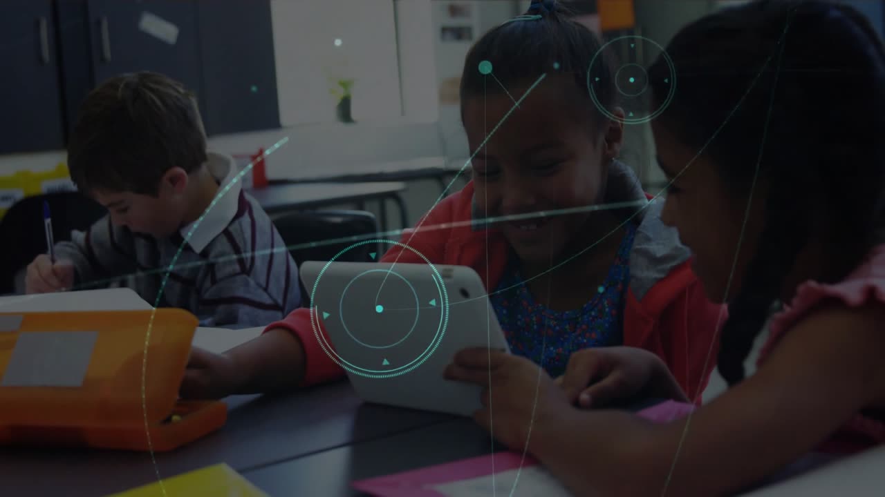 Classmates writing notes, tapping tablet and watching while activating tech visuals swirling