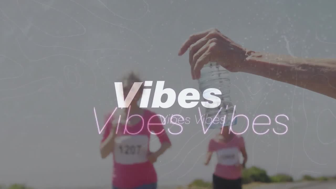 animación de vibraciones de texto, en blanco, con la mano ofreciendo botellas de agua a los corredores de maratón