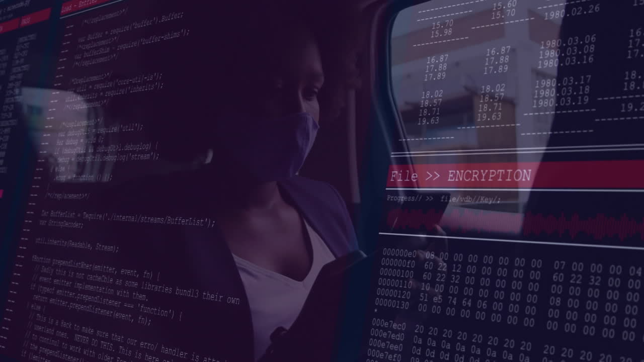 woman wearing mask using smartphone by train window showing technology code and encryption data