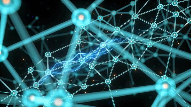 Animating turquoise node mesh in dark void reacting to blue pulse passing through links