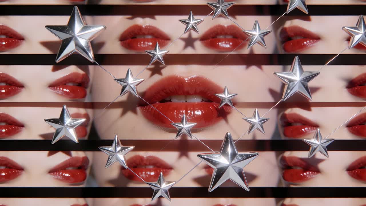 Bocca femminile che si apre e si stringe mentre la telecamera inizia a riprendere un servizio di bellezza, stelle che si spostano, formando ripetizioni speculari