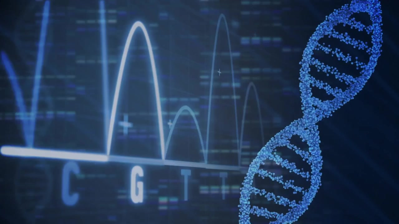 Animation of dna strand data processing and grid on blue background