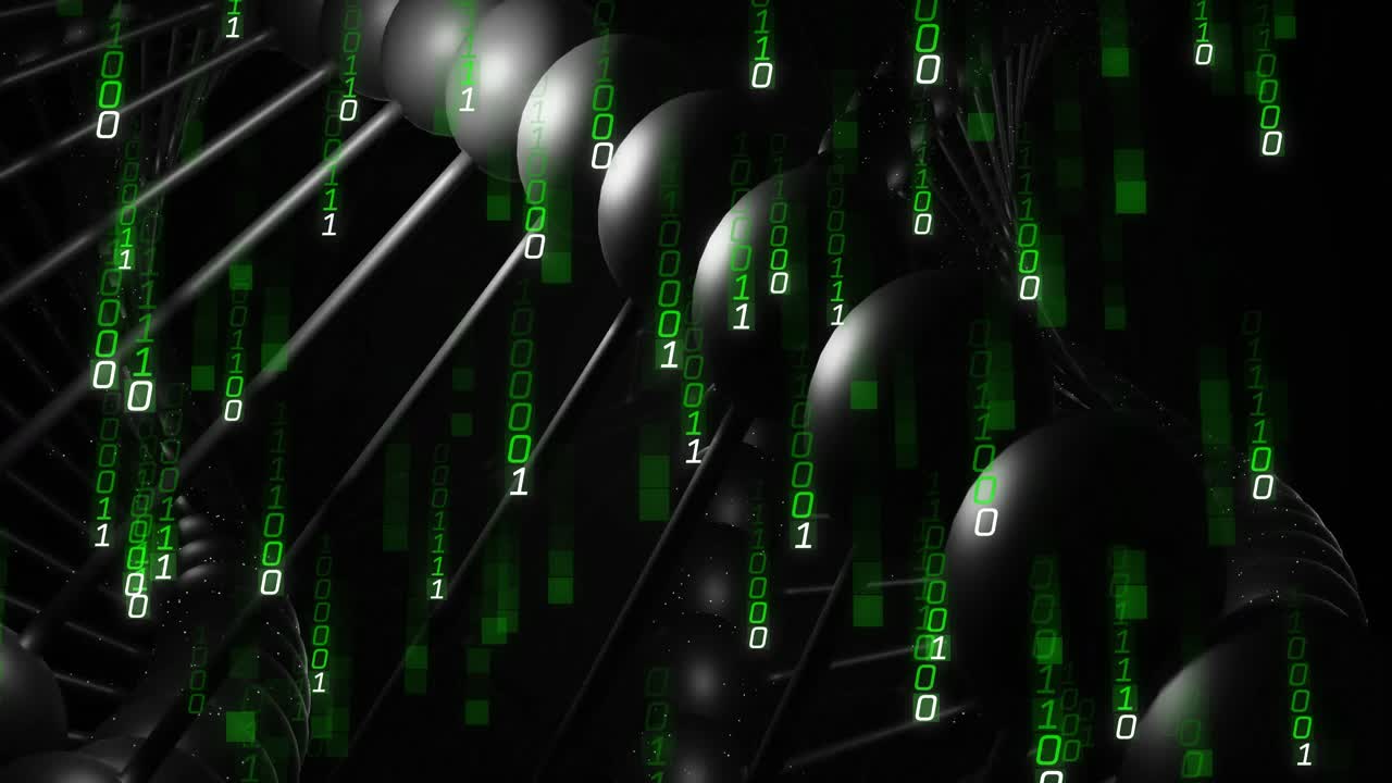 Green binary digits starting descent around metallic helix, rotating gently to visualize data flow