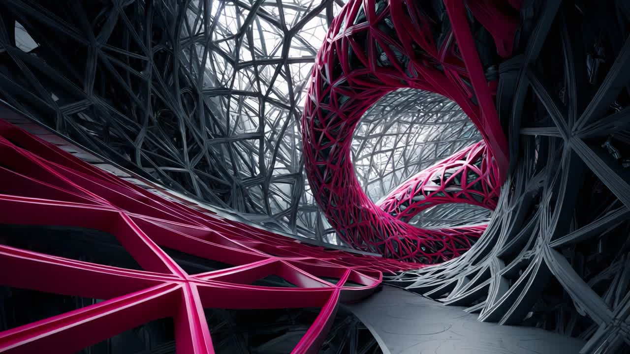 A captivating view of a futuristic architectural structure showcasing a blend of intricate designs featuring pink and black elements, set within a large interconnected framework