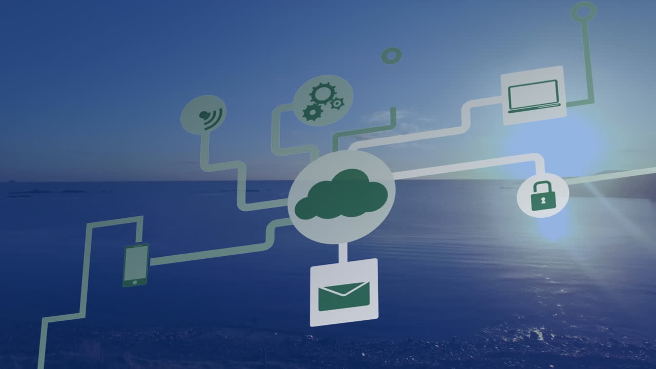 animación de iconos tecnológicos sobre paisajes marinos