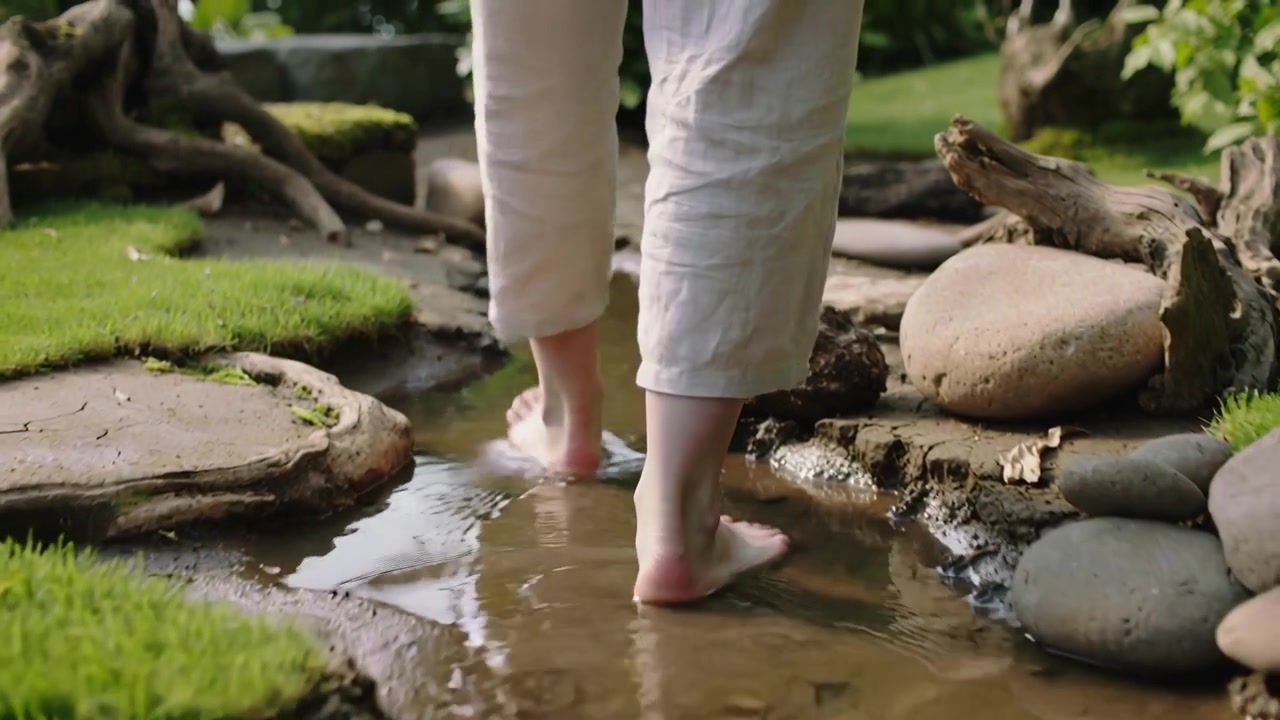 Stepping woman making first step into water, walking along garden stream in cropped pants barefoot