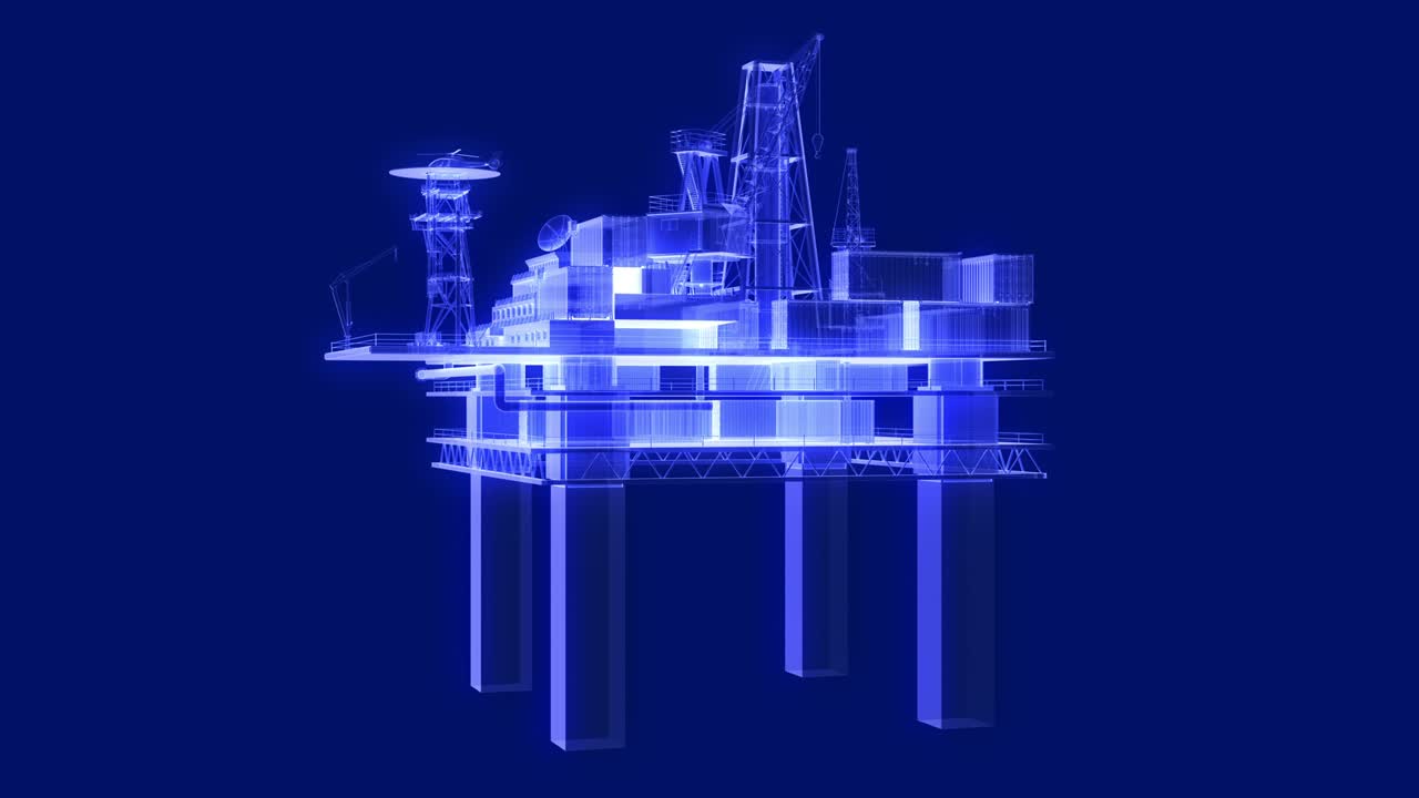 Animasi 3D platform pengeboran minyak holografik, berputar dan dapat diulang