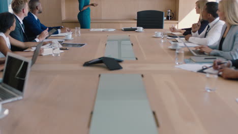 business woman presenting financial data on tv screen sharing project with shareholders team leader briefing colleagues discussing company growth ideas in office boardroom presentation