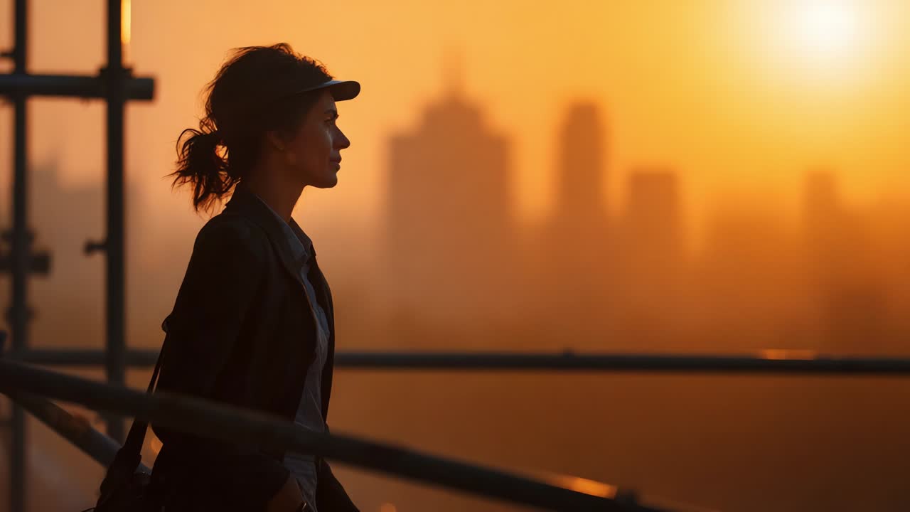 A silhouette of a contemplative woman overlooking a city skyline during a stunning sunset, with warm hues illuminating her figure and the surrounding fog, embodying serenity and reflection in urban life