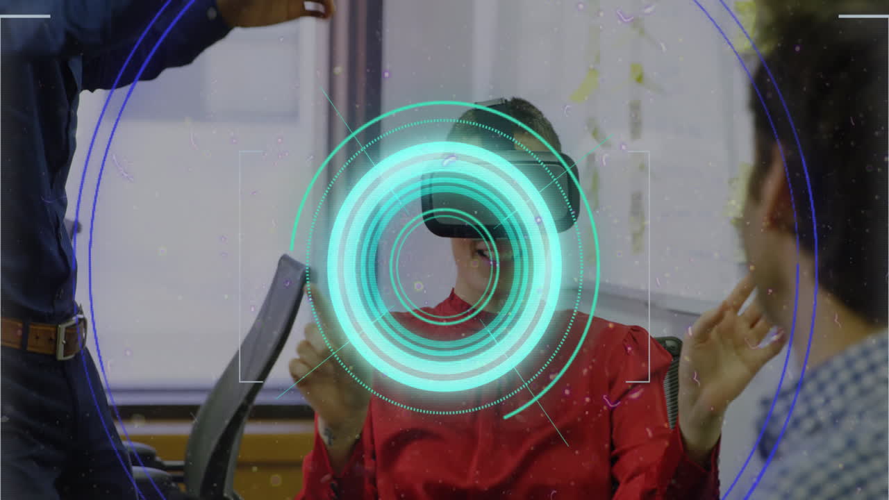 Neon scope scanner and light trails against caucasian man wearing vr headset at office