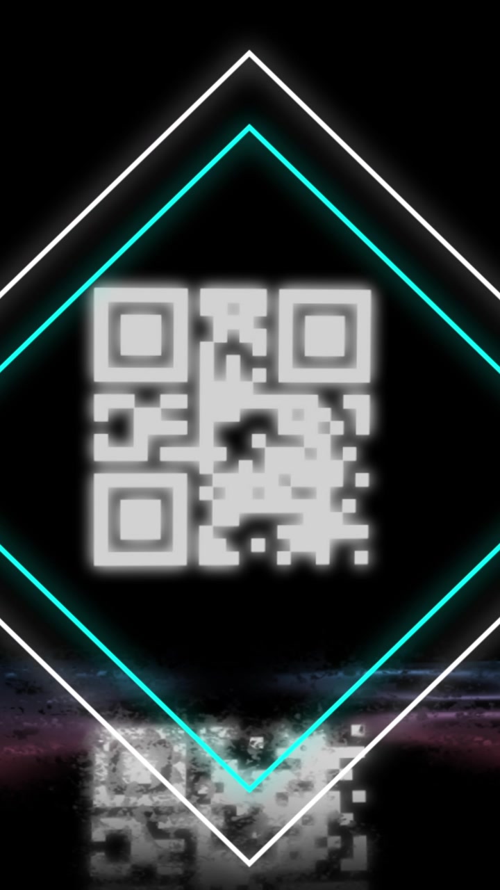 Animation of glowing qr code over neon geometric shapes