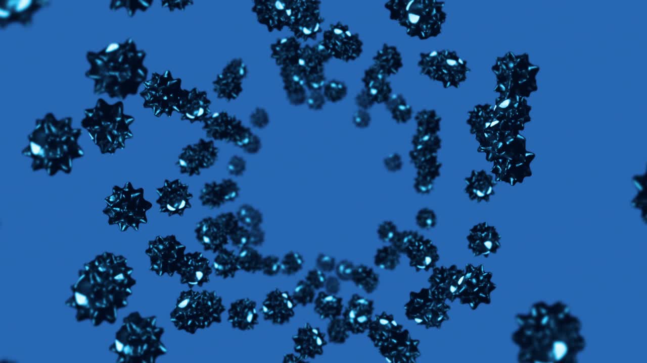 파란색 배경의 만화 캐릭터에서 많은 바이러스를 날아다니는. 의학 개념. 화를 내는 재미있는 검은 바이러스 마스코트. 3d 루프 애니메이션.
