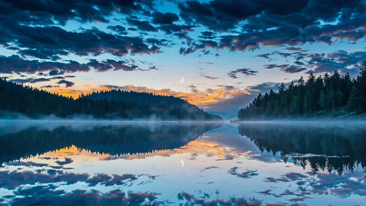 A serene landscape video captures a symmetrical reflection of a crescent moon over a misty lake